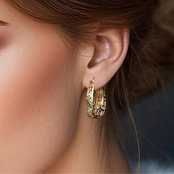 14K Gold Plated Gold Filigree Hoop Earrings for Women - Picture 2 of 3